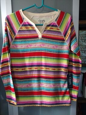Chaps Multicolor Striped V Neck Pullover - Vibrant Aztec Colors Med NWT